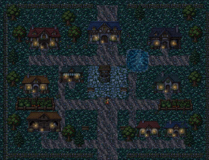 Lear's village streets after dark with warm light spilling from house windows.