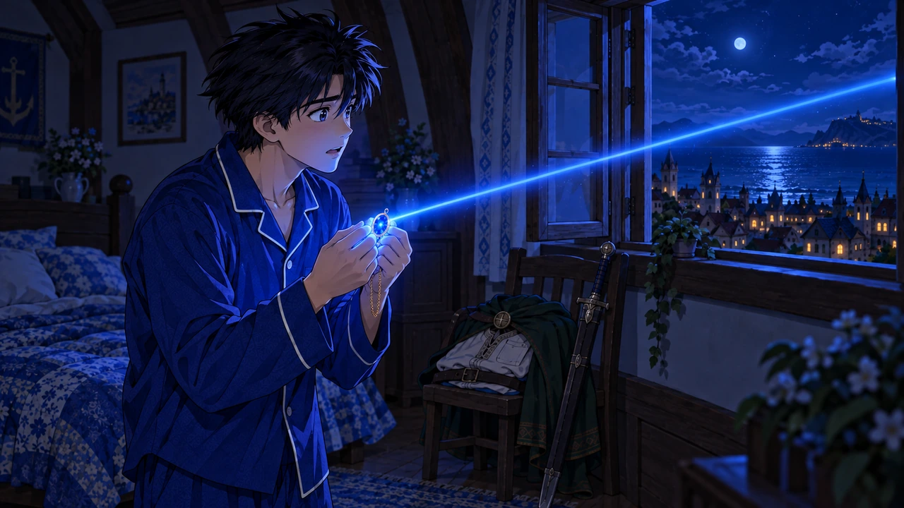 Cutscene artwork of Aren in pajamas watching the blue light from his mother's pendant